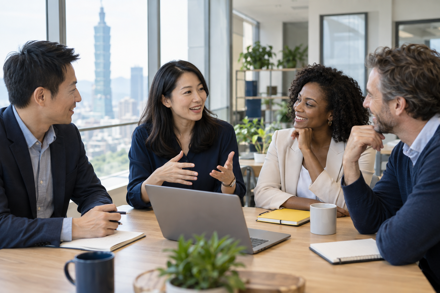 Illustrative scene of international colleagues sharing ideas around a table
