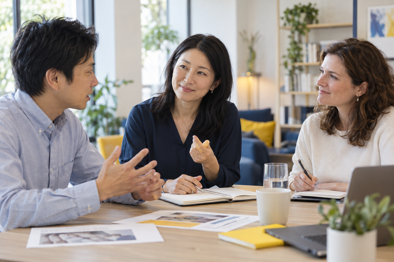 Illustrative scene of a language coach guiding two professional learners