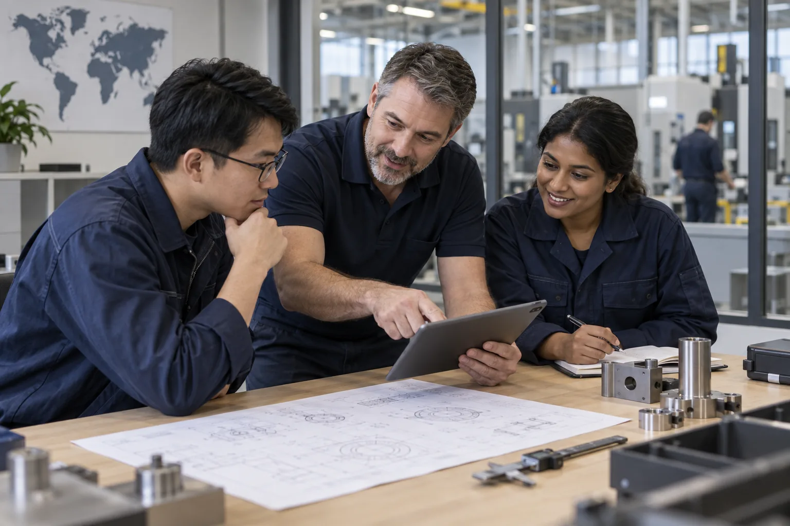 Illustrative scene of colleagues sharing practical knowledge in a manufacturing training room