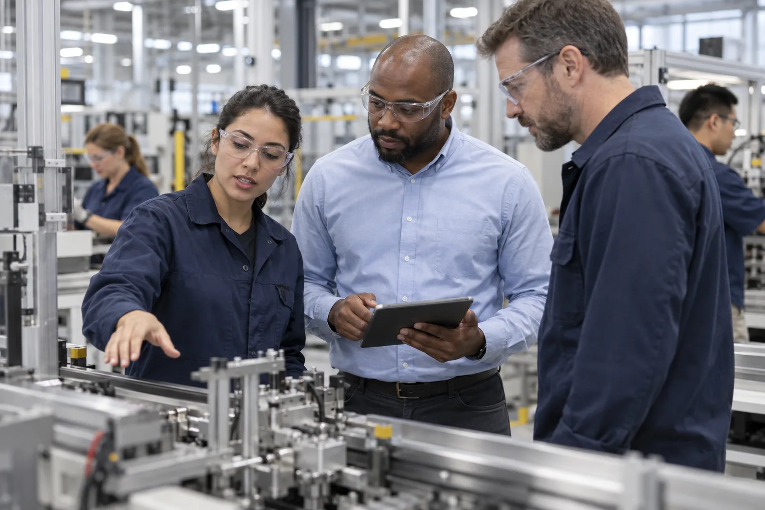 Illustrative scene of engineers and technicians discussing a production task together